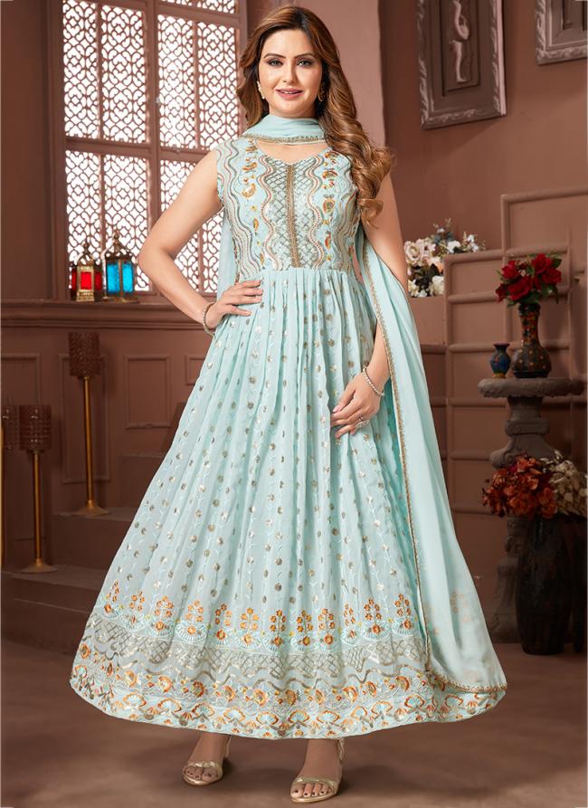 Sky blue Faux Georgette Wedding Wear Embroidery Work Gown With Dupatta